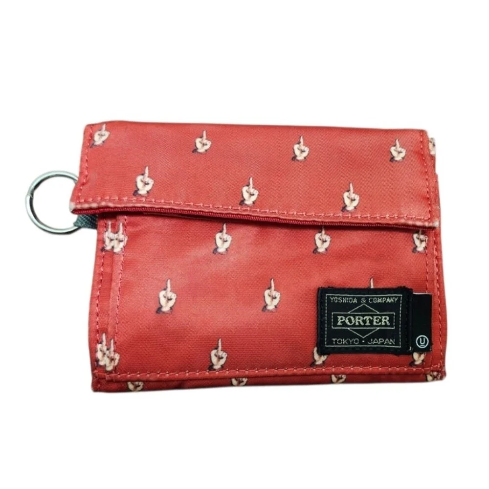 Porter Tokyo Japan Red Canvas Wallet Zip Coin Key Ring Small Trifold